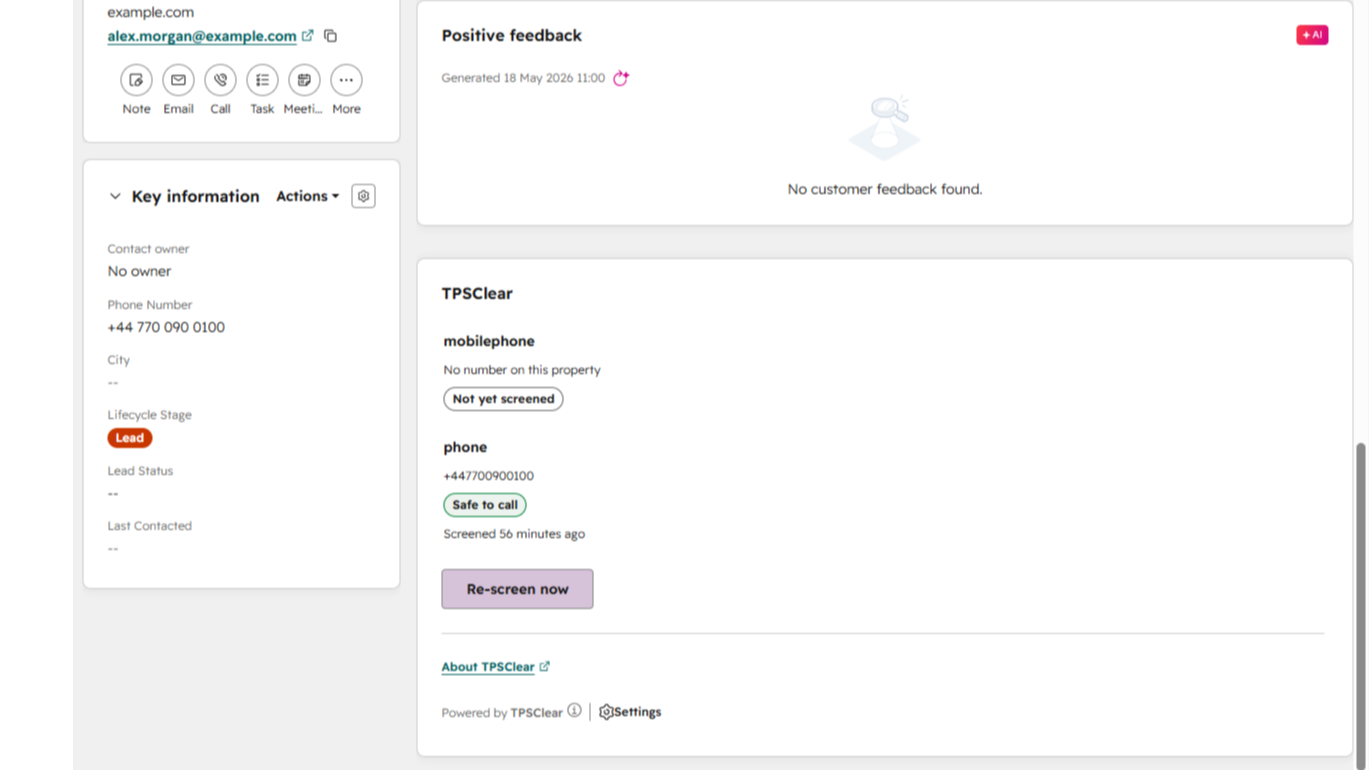 TPSClear sidebar card on a HubSpot contact showing a real-time TPS-listed verdict
