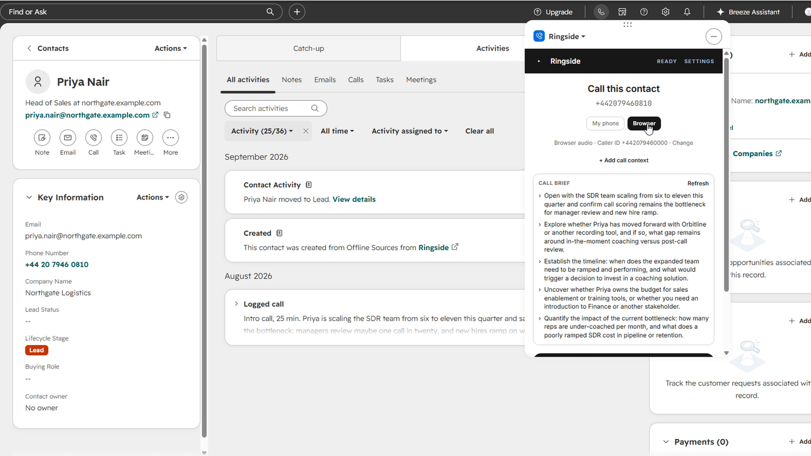 Ringside calling panel beside a HubSpot contact record, with the phone number and a pre-call brief of talking points.