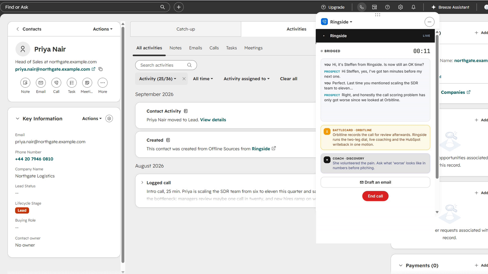 Live call panel with a running timer, speaker-separated transcript, a coaching nudge card and a battlecard.