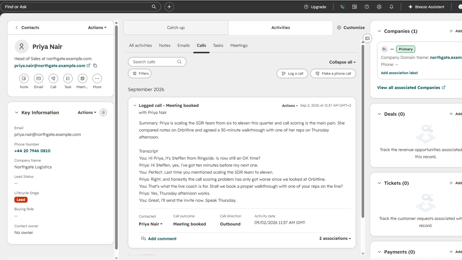 A HubSpot contact timeline showing a logged Ringside call with its outcome, summary, action items and transcript.