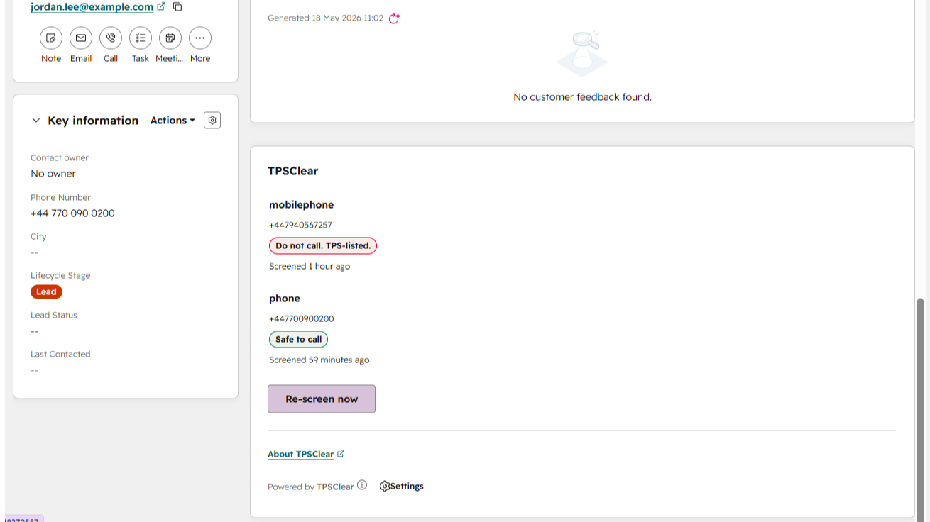 TPSClear status property with a "Screened just now" timestamp on a HubSpot contact