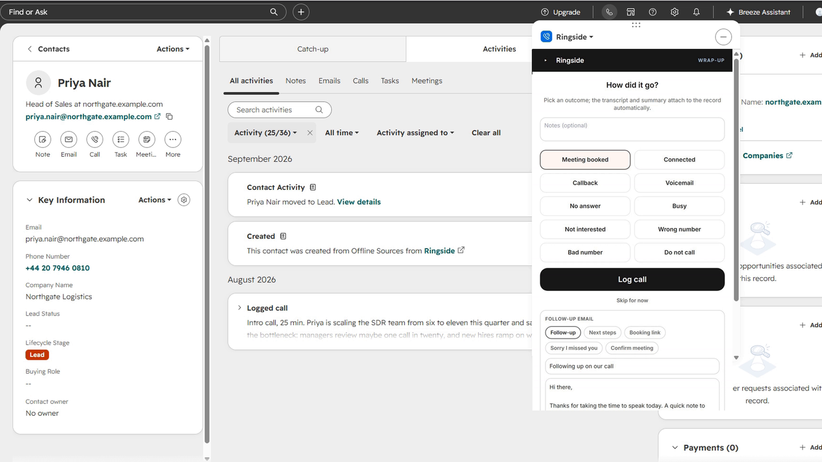 Call wrap-up panel with a grid of call outcomes, Meeting booked selected, a notes box and a Log call button.