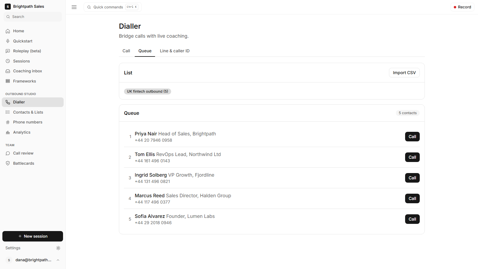 Ringside dashboard dialler with a call queue built from a HubSpot list: name, role, company and phone per prospect.