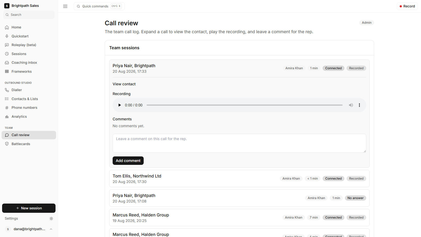 Ringside call review page listing team calls, one expanded with the recording player and the manager's comment box.