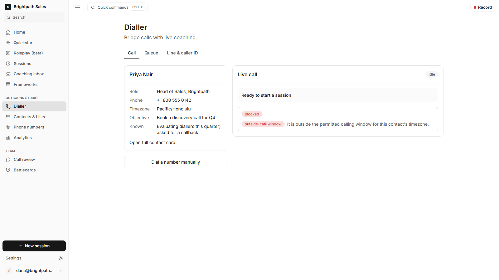 Ringside dialler refusing a dial, showing the compliance reason: the contact is outside calling hours in their timezone.